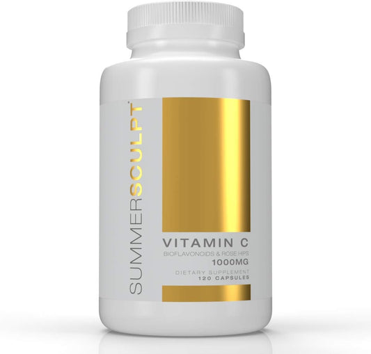 Vitamin C 1000mg Capsules with Rose HIPS & Bioflavonoids for Immune Support, Skin, & Joints - Non-Acidic SummerSculpt Formula, 120 Count