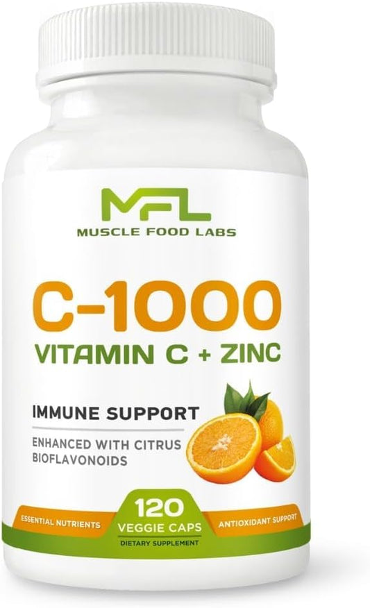 Vitamin C 1000mg with Zinc and Citrus Bioflavonoids - Non-GMO & Gluten Free - 120 Vegan Capsules by Muscle Food Labs