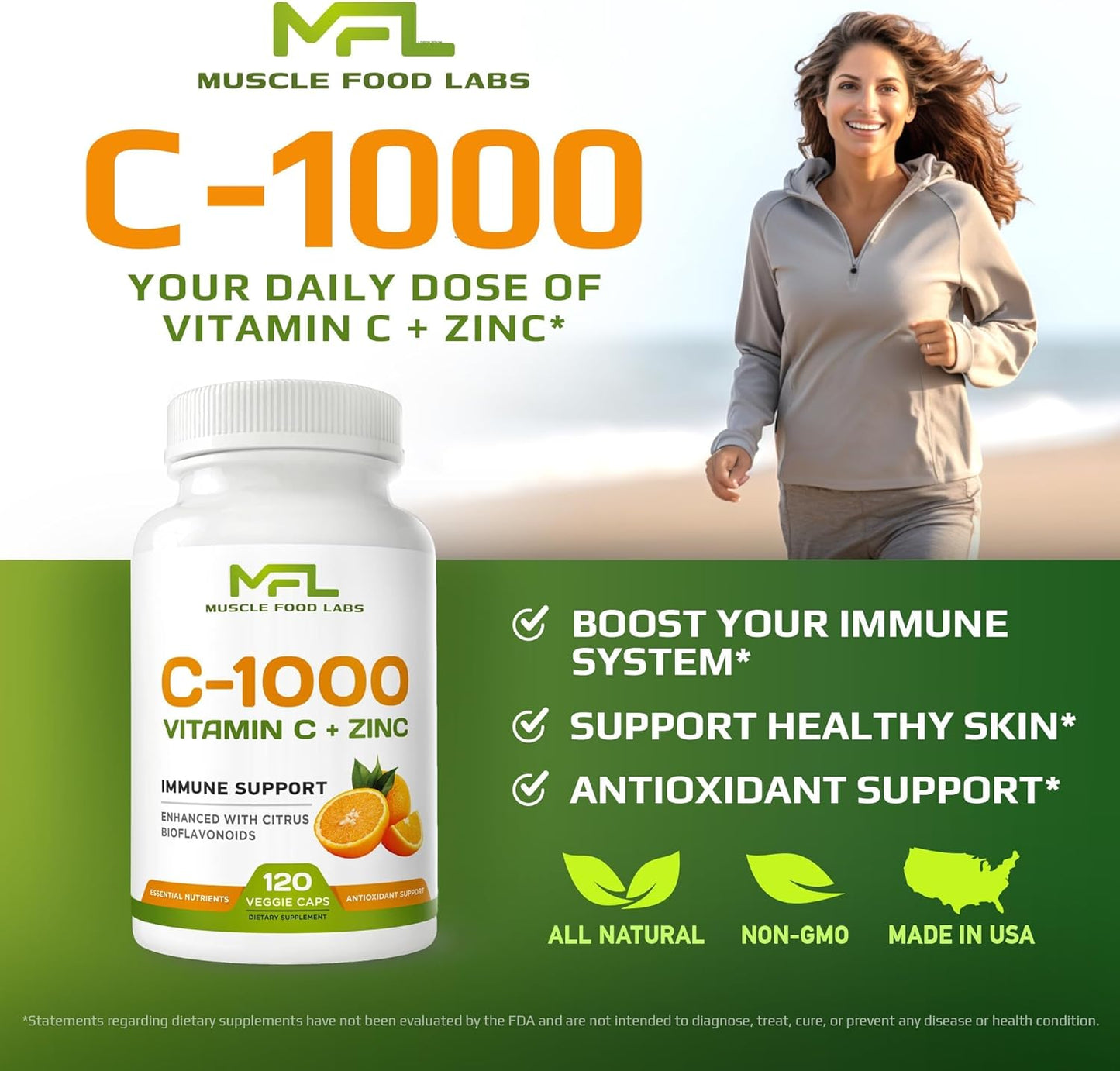 Vitamin C 1000mg with Zinc and Citrus Bioflavonoids - Non-GMO & Gluten Free - 120 Vegan Capsules by Muscle Food Labs