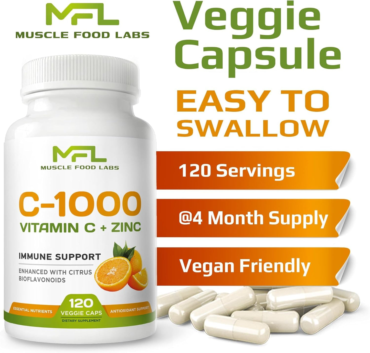 Vitamin C 1000mg with Zinc and Citrus Bioflavonoids - Non-GMO & Gluten Free - 120 Vegan Capsules by Muscle Food Labs