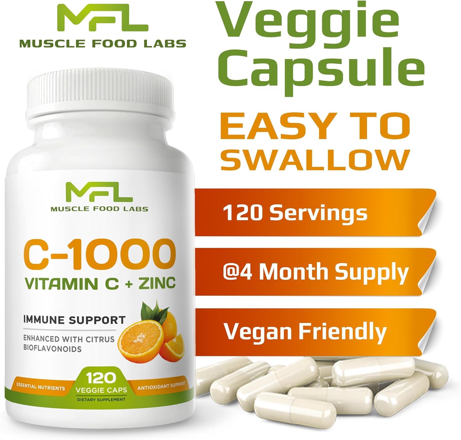 Vitamin C 1000mg with Zinc and Citrus Bioflavonoids - Non-GMO & Gluten Free - 120 Vegan Capsules by Muscle Food Labs