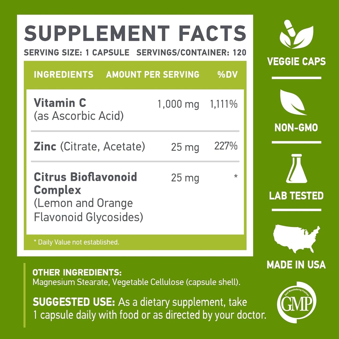 Vitamin C 1000mg with Zinc and Citrus Bioflavonoids - Non-GMO & Gluten Free - 120 Vegan Capsules by Muscle Food Labs