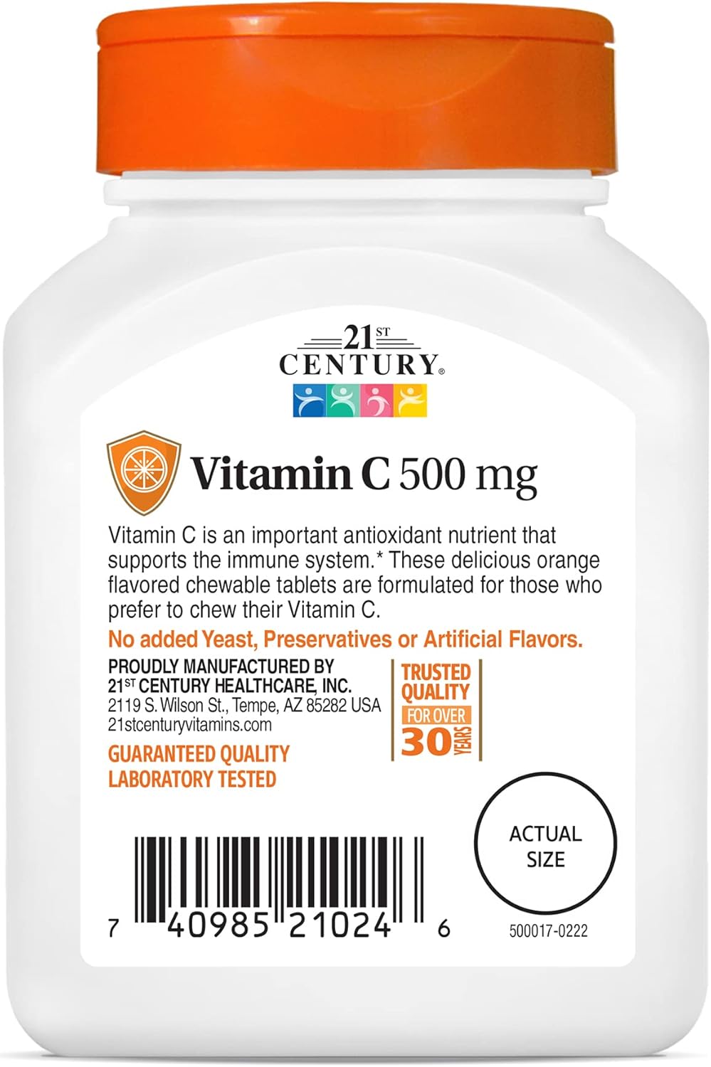 Vitamin C 500mg Chewable Tablets (110 Count) for Daily Immune Support - Antioxidant Supplement for Men & Women, Non-GMO & Gluten Free