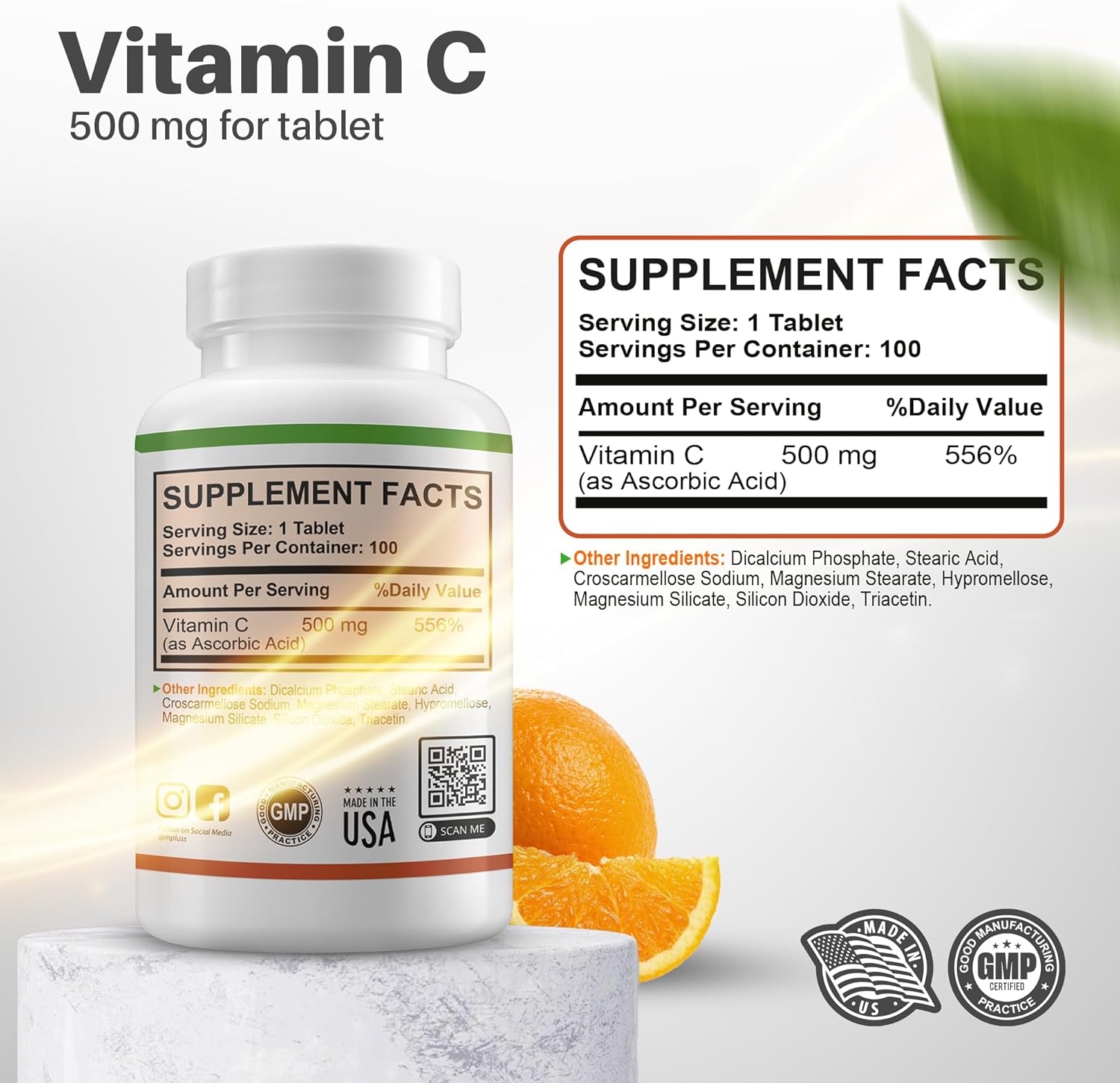 Vitamin C 500mg Tablets for Immune Support, Hair, Skin, Nails, and Joints - Vegan, Sugar Free - Orange Flavor - 100 Count