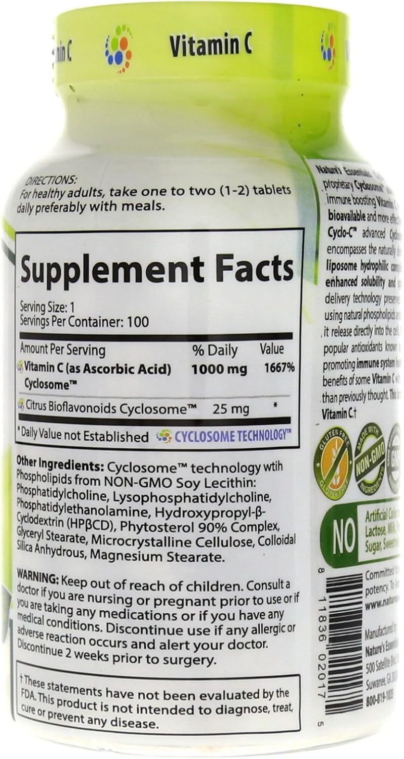 Vitamin C Cyclo-C 1000mg with Bioflavonoids and Cyclodextrin for Advanced Liposomal Delivery | Non-GMO, Gluten Free, Vegetarian | 200 Tablets