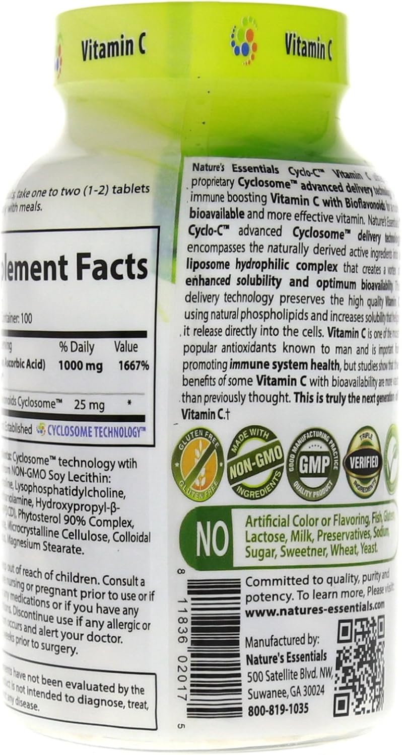 Vitamin C Cyclo-C 1000mg with Bioflavonoids and Cyclodextrin for Advanced Liposomal Delivery | Non-GMO, Gluten Free, Vegetarian | 200 Tablets