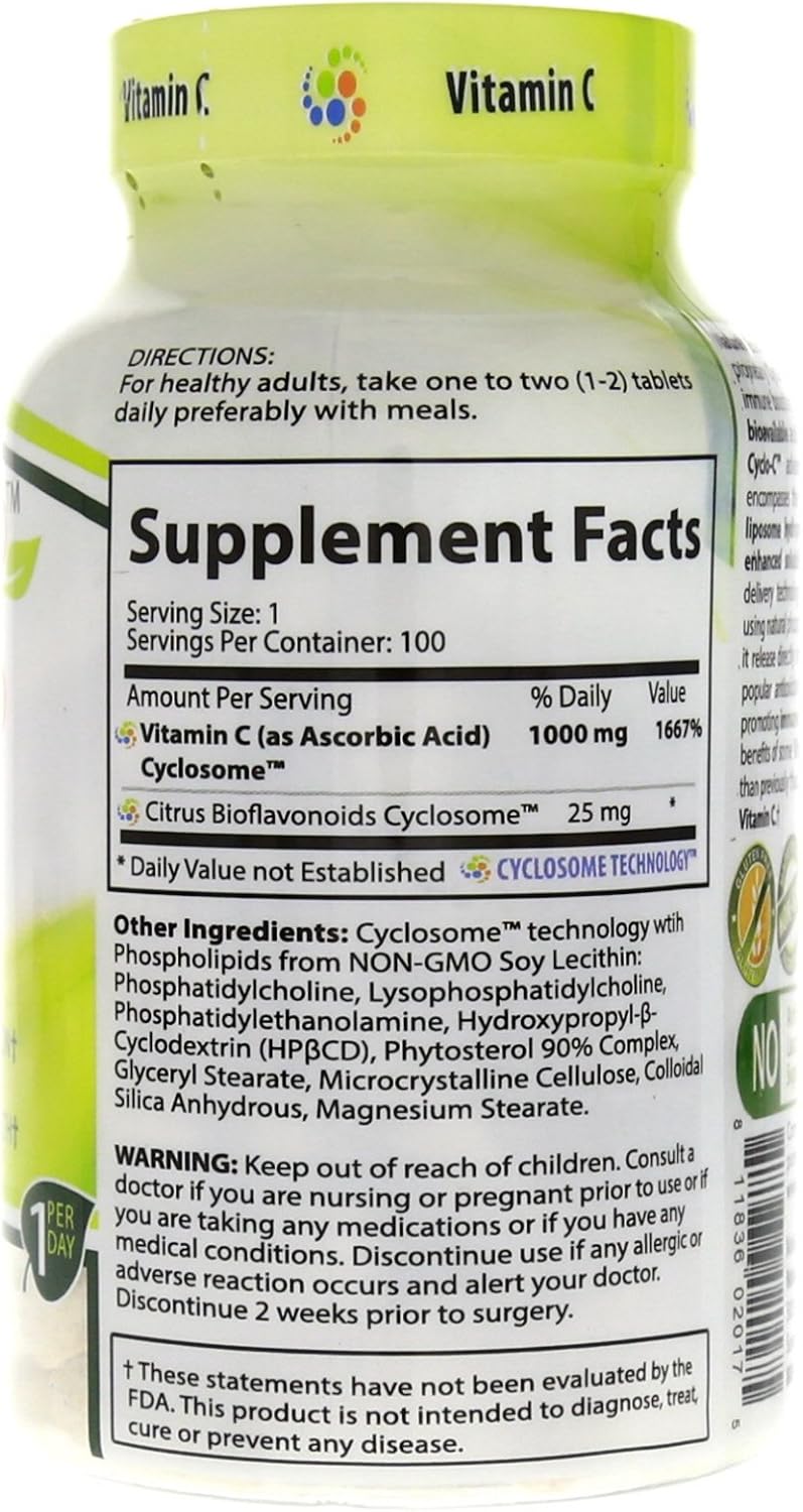 Vitamin C Cyclo-C 1000mg with Bioflavonoids and Cyclodextrin for Advanced Liposomal Delivery | Non-GMO, Gluten Free, Vegetarian | 200 Tablets