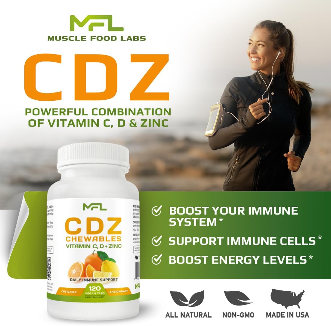 Vitamin C D Zinc Chewables - 1000mg C, D3, Zinc - Non-GMO, Gluten Free - 120 Vegetarian Tablets