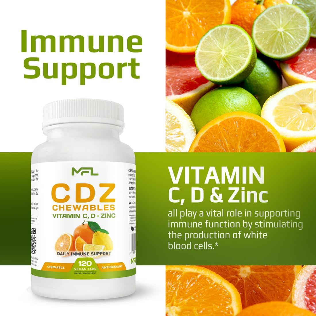 Vitamin C D Zinc Chewables - 1000mg C, D3, Zinc - Non-GMO, Gluten Free - 120 Vegetarian Tablets
