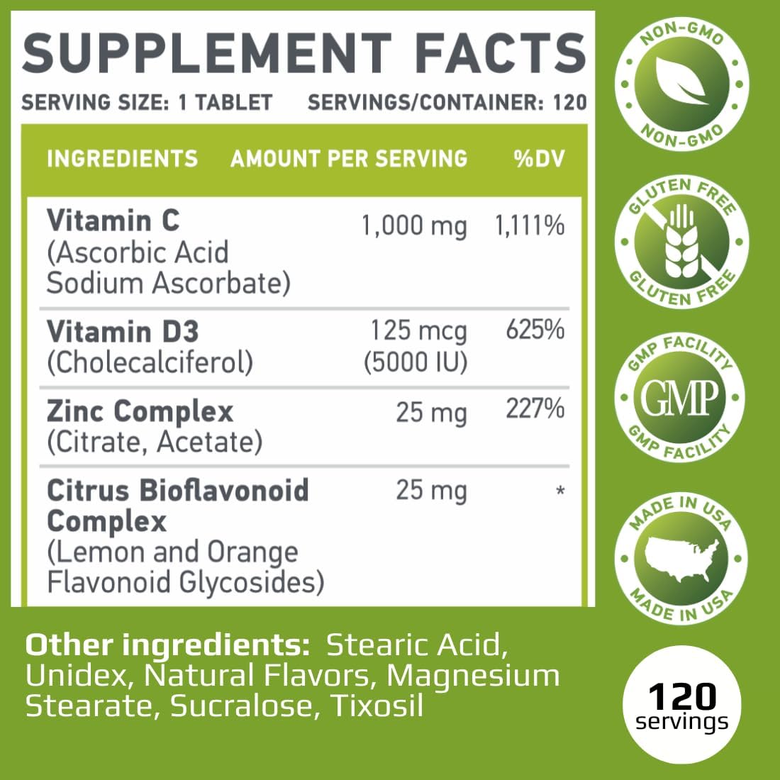 Vitamin C D Zinc Chewables - 1000mg C, D3, Zinc - Non-GMO, Gluten Free - 120 Vegetarian Tablets
