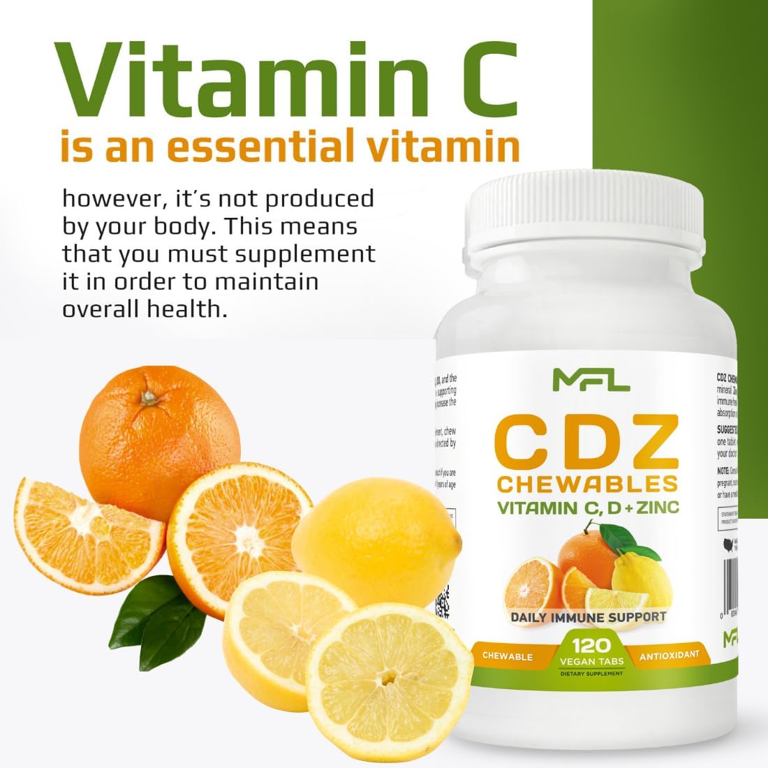 Vitamin C D Zinc Chewables - 1000mg C, D3, Zinc - Non-GMO, Gluten Free - 120 Vegetarian Tablets