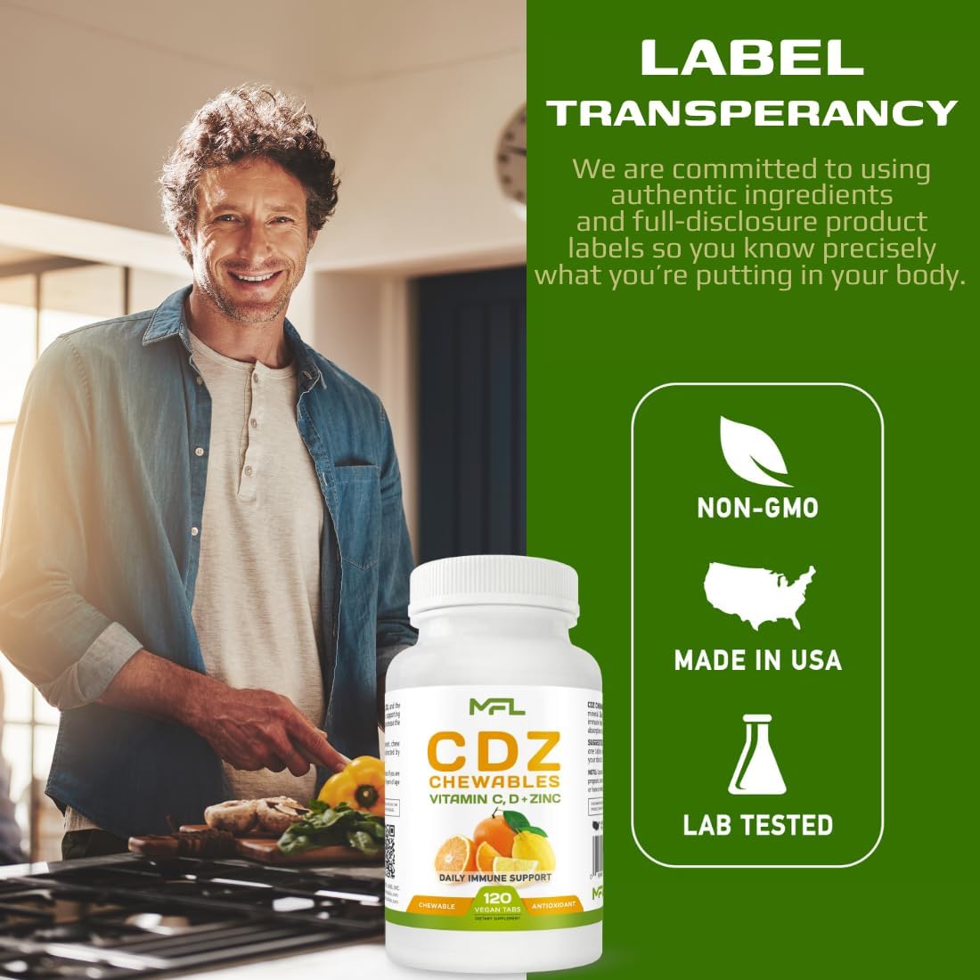 Vitamin C D Zinc Chewables - 1000mg C, D3, Zinc - Non-GMO, Gluten Free - 120 Vegetarian Tablets