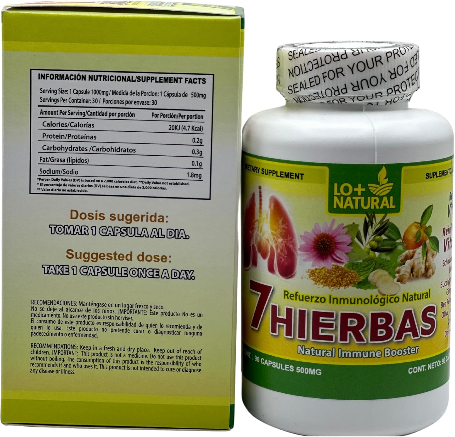 Vitamin C Enhanced Natural Immune Support Capsules with Echinacea - 90 Capsules 500mg | LO+NATURAL 7 HIERBAS