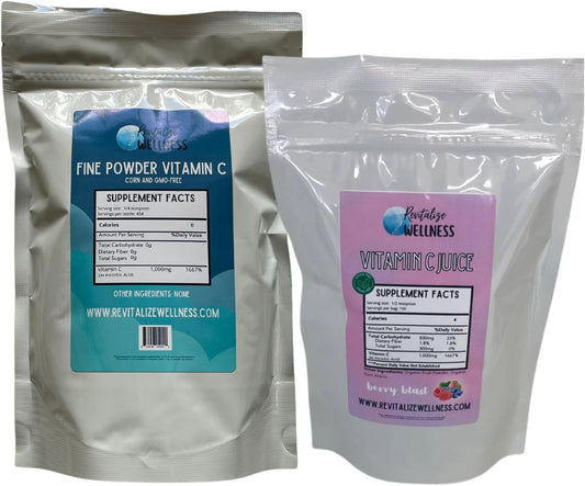 Vitamin C Wellness Bundle with Fine Powder & Juice Powder | 1000mg Ascorbic Acid | Berry Blast Flavor | 1 lb. Bag