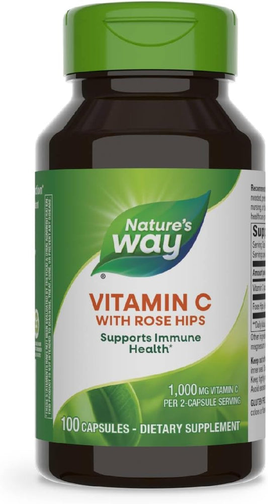 Vitamin C with Rose Hips Capsules - Immune Support & Healthy Skin - 1,000 mg - 100 Count