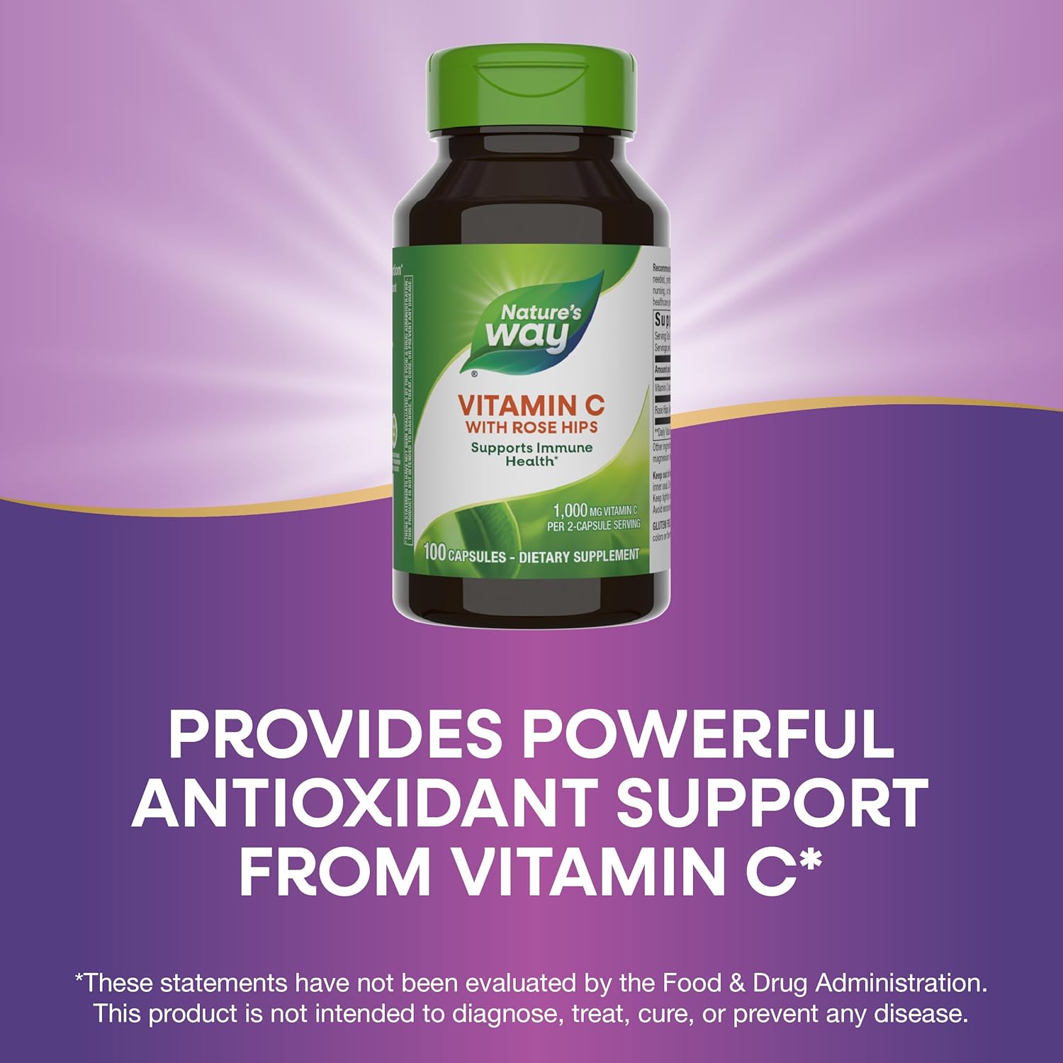 Vitamin C with Rose Hips Capsules - Immune Support & Healthy Skin - 1,000 mg - 100 Count