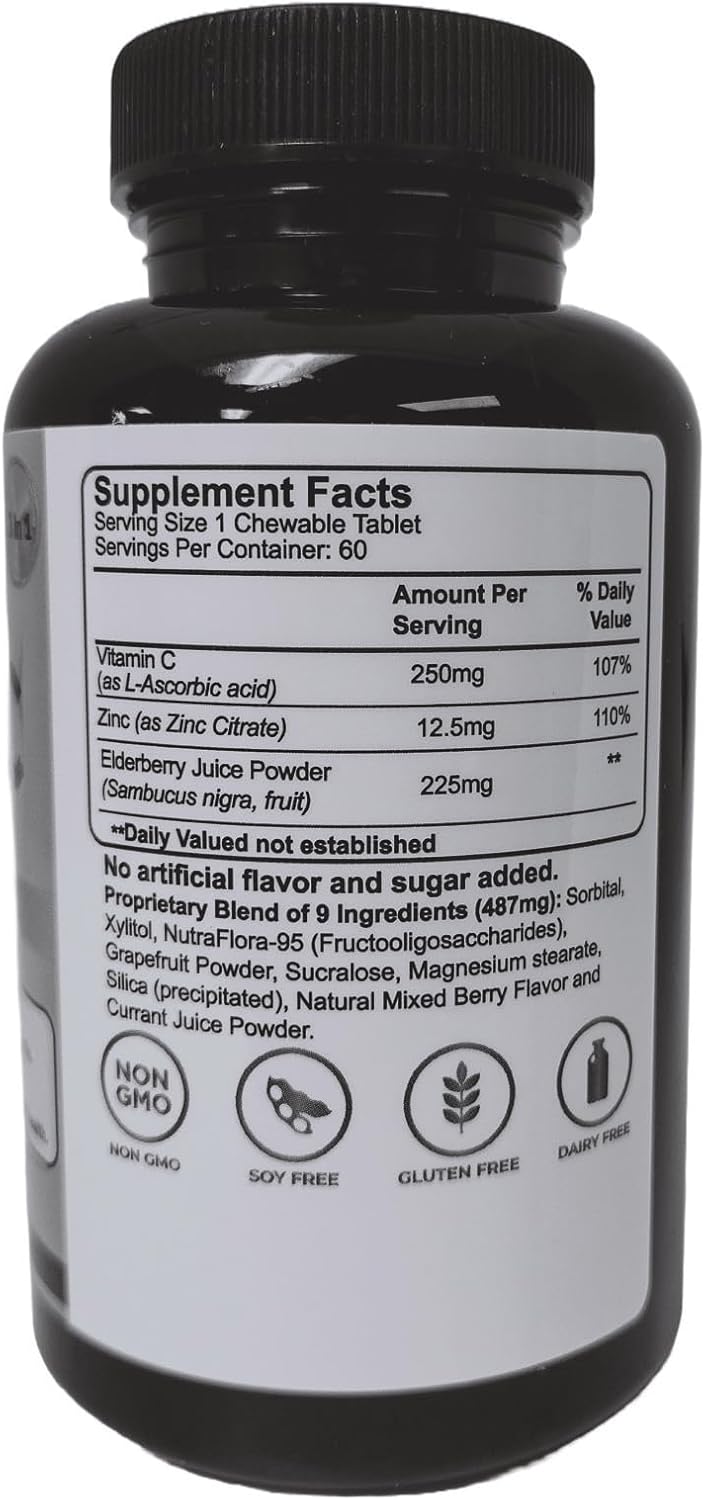 Vitamin C with Zinc, Elderberry Chewable Tablets - Immune Support, Antioxidant, Heart Health - 60 Count