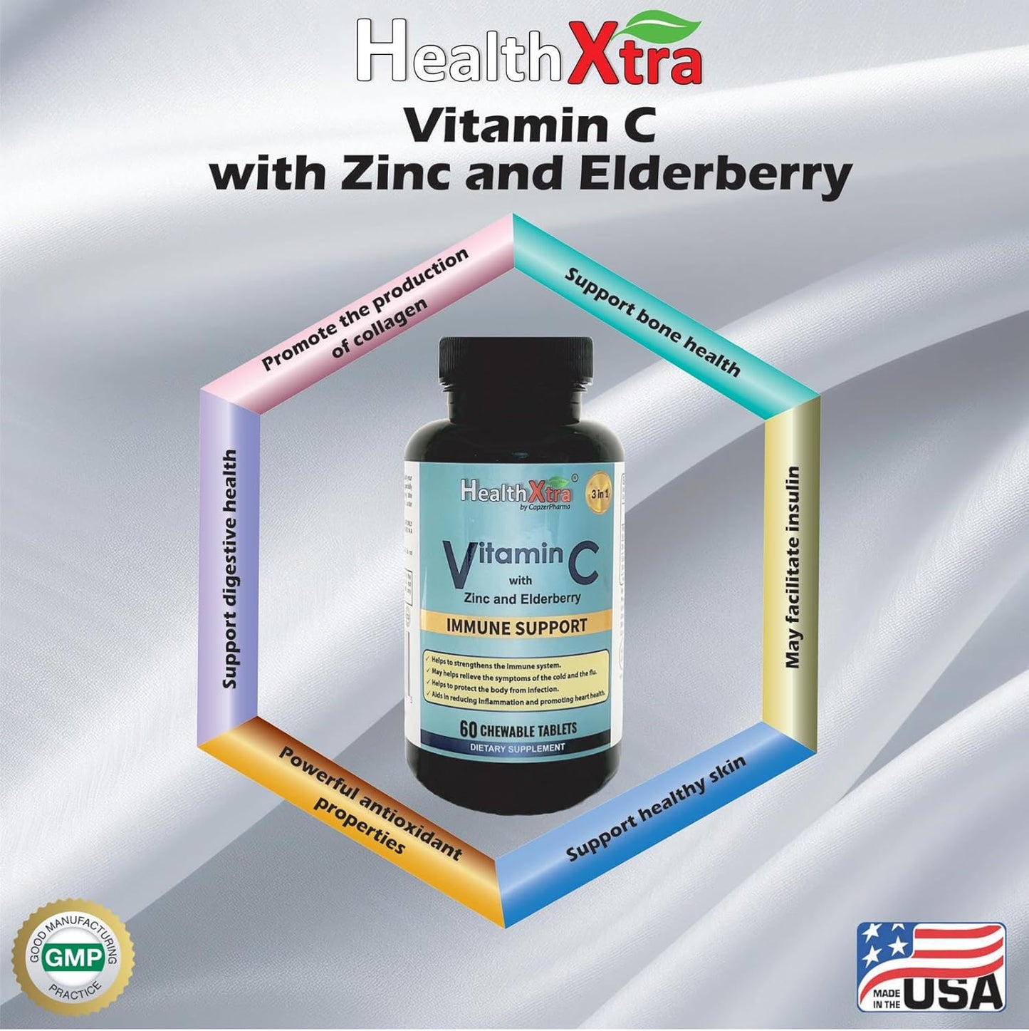 Vitamin C with Zinc, Elderberry Chewable Tablets - Immune Support, Antioxidant, Heart Health - 60 Count