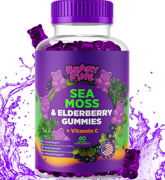 Vitamin C, Zinc, & Sea Moss Gummies with Elderberry - Immune & Thyroid Support - 60 Gummy Bears for Kids & Adults