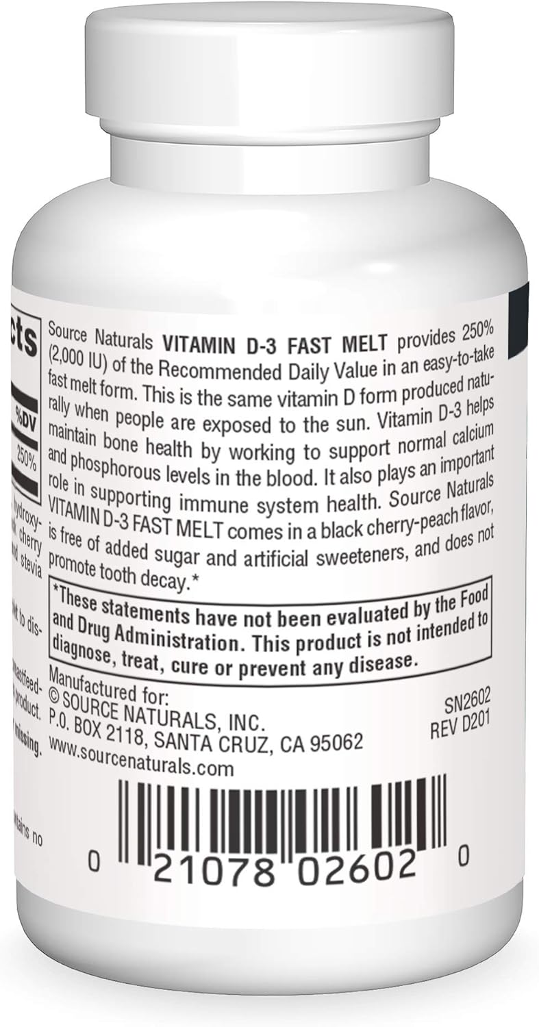 Vitamin D-3 2000 iu Fast Melt Tablets for Bone & Immune Health - Black Cherry Peach Flavor - 60 Tablets by Source Naturals