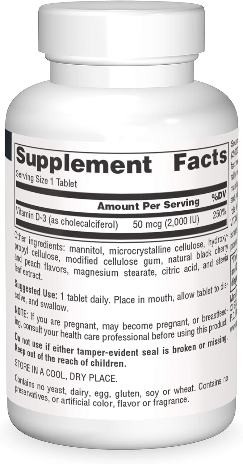 Vitamin D-3 2000 iu Fast Melt Tablets for Bone & Immune Health - Black Cherry Peach Flavor - 60 Tablets by Source Naturals