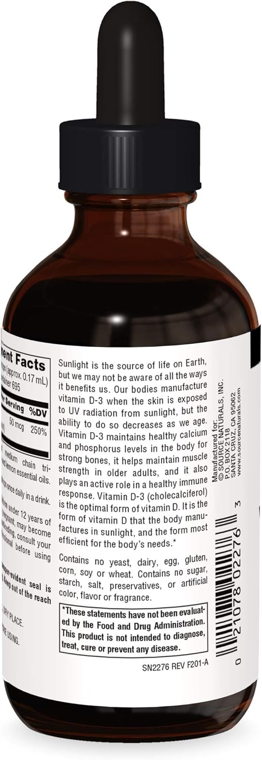 Vitamin D-3 Liquid Drops 2000 IU for Bone & Immune Health - 4 Fluid oz by Source Naturals
