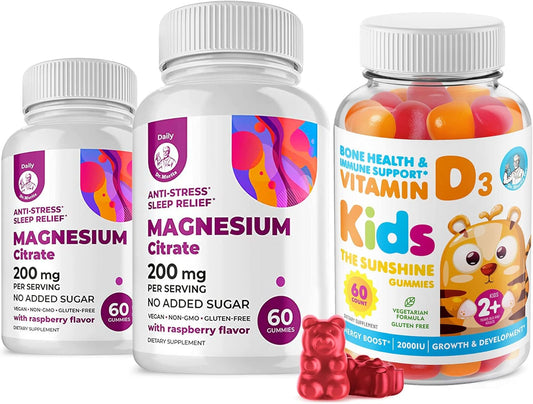 Vitamin D and Magnesium Gummies for Immune Support - Vegetarian Gelatin-Free Supplements for Kids & Adults - 2000 IU Vitamin D3, 1000 IU Magnesium, Sugar-Free Calm Chews
