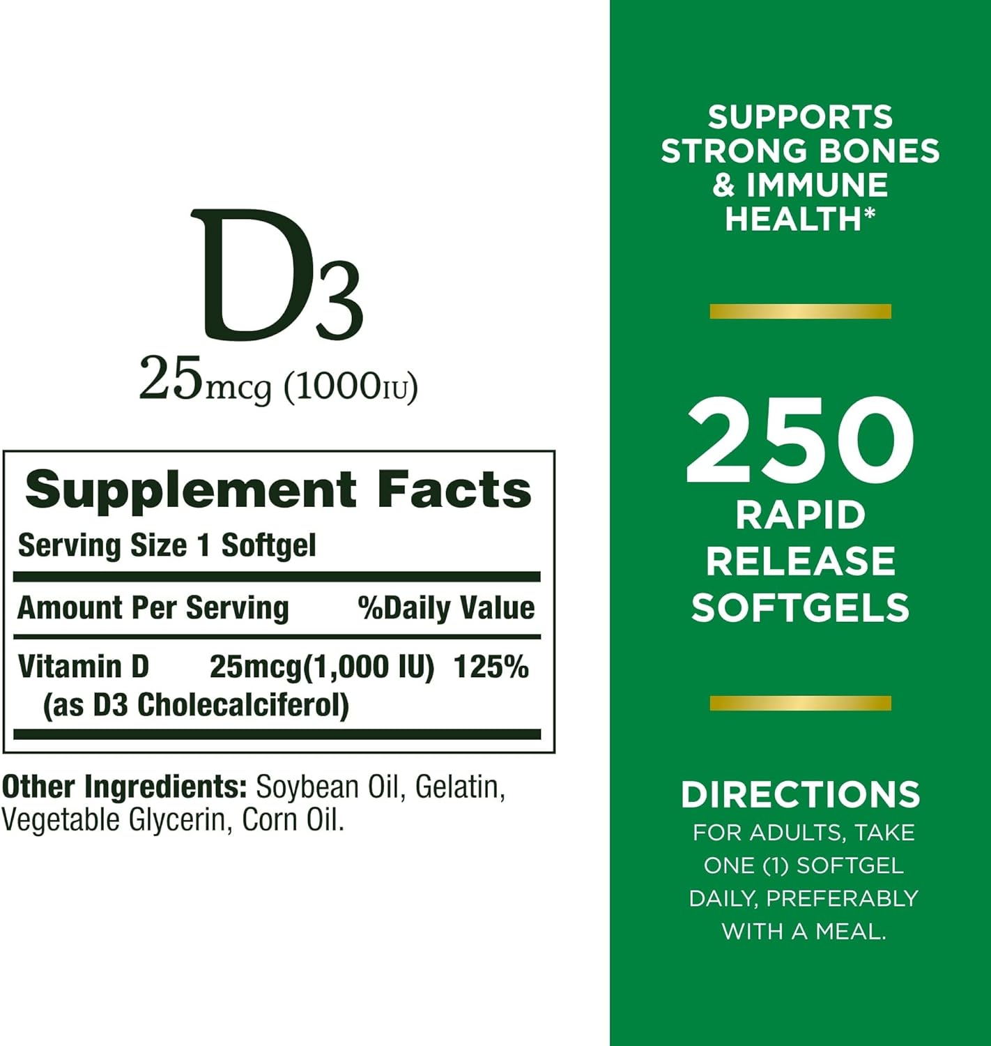 Vitamin D3 1000 IU Softgels for Immune Support - 250 Count Rapid Release Formula by Nature's Bounty