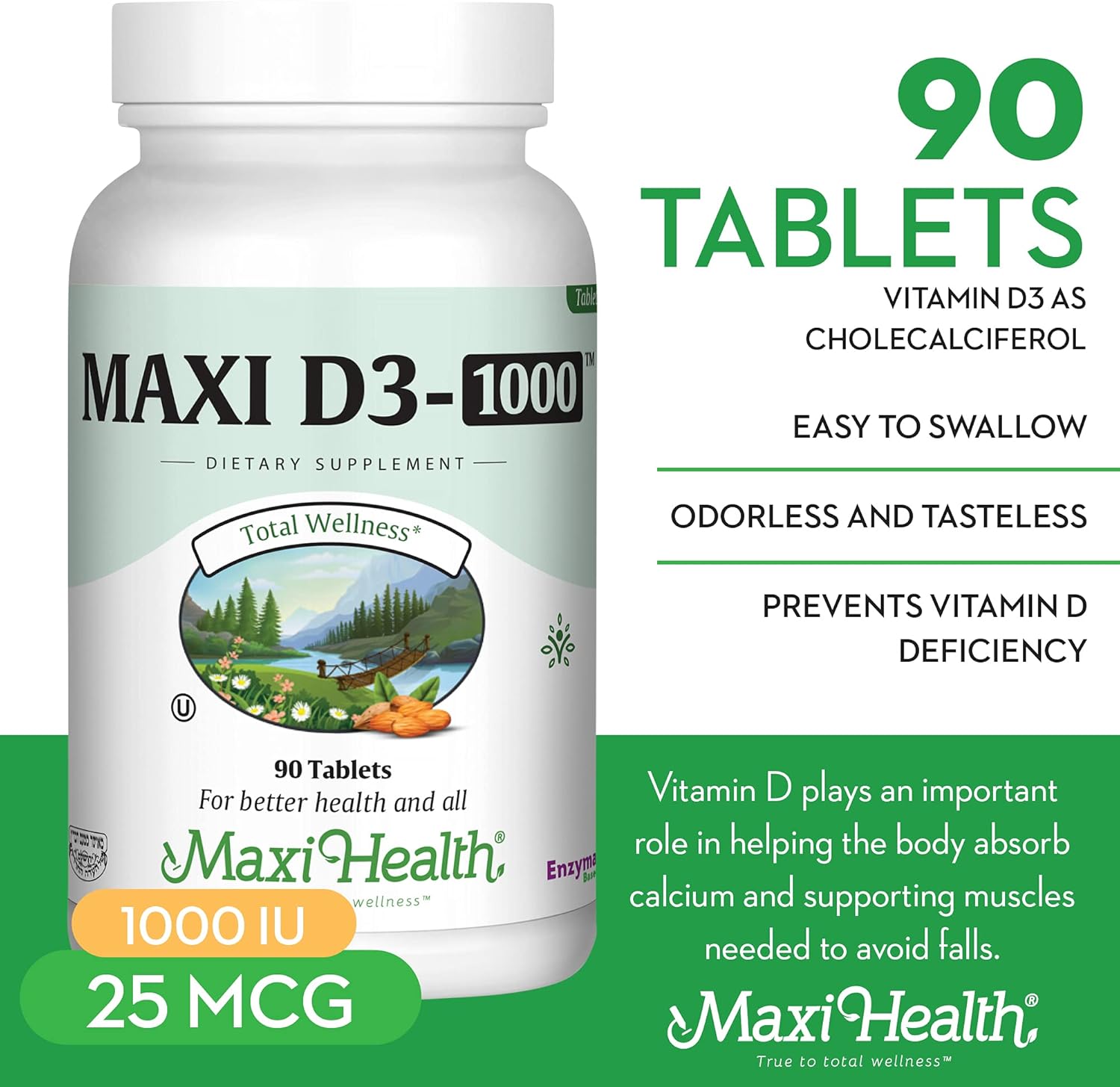 Vitamin D3 1000 IU Supplement for Bone Health & Immune Support - Easy to Swallow Tablets - Odorless & Tasteless - 90 Count