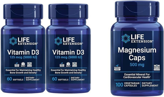 Vitamin D3 125 Mcg 5000 Iu and Magnesium 500 Mg Capsules Bundle for Life Extension