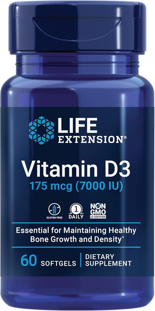 Vitamin D3 175 mcg (7000 IU) Softgels for Immune System, Bone Health, Brain Performance - 60 Count, 2 Month Supply
