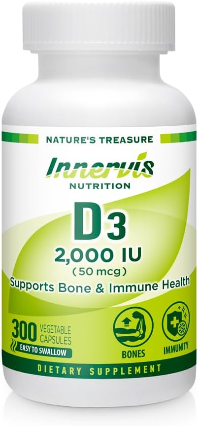 Vitamin D3 2000 IU (50 mcg) 300 Vegetable Capsules for Bone, Teeth, and Immune Health