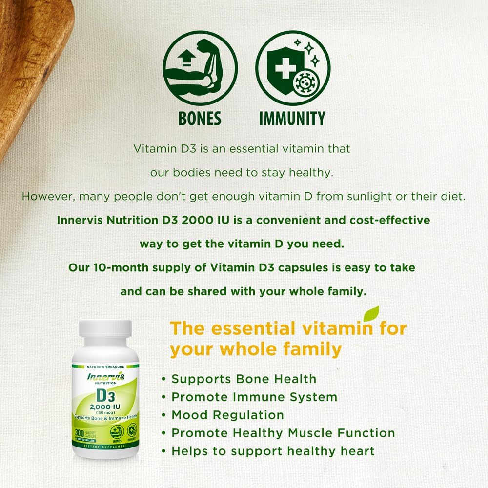 Vitamin D3 2000 IU (50 mcg) 300 Vegetable Capsules for Bone, Teeth, and Immune Health