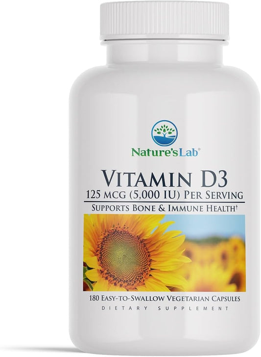 Vitamin D3 5000 IU 180ct (6 Month Supply) for Immune Support and Healthy Bones - Gluten Free, Non GMO by Nature's Lab