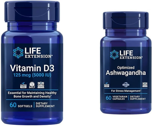 Vitamin D3 5000 IU and Ashwagandha Bundle for Stress Relief, Focus, Memory, and Mood Support - Non-GMO Supplement