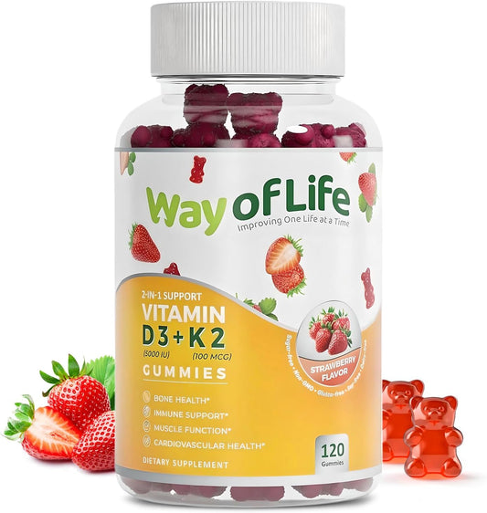 Vitamin D3 5000 IU + K2 (MK-7) 100 mcg Strawberry Gummies 120 Count - Bone & Heart Health for Adults, Muscle Function, Pectin, Tasty, Chewy, Non-GMO, Gluten-Free - BoostGo Australia
