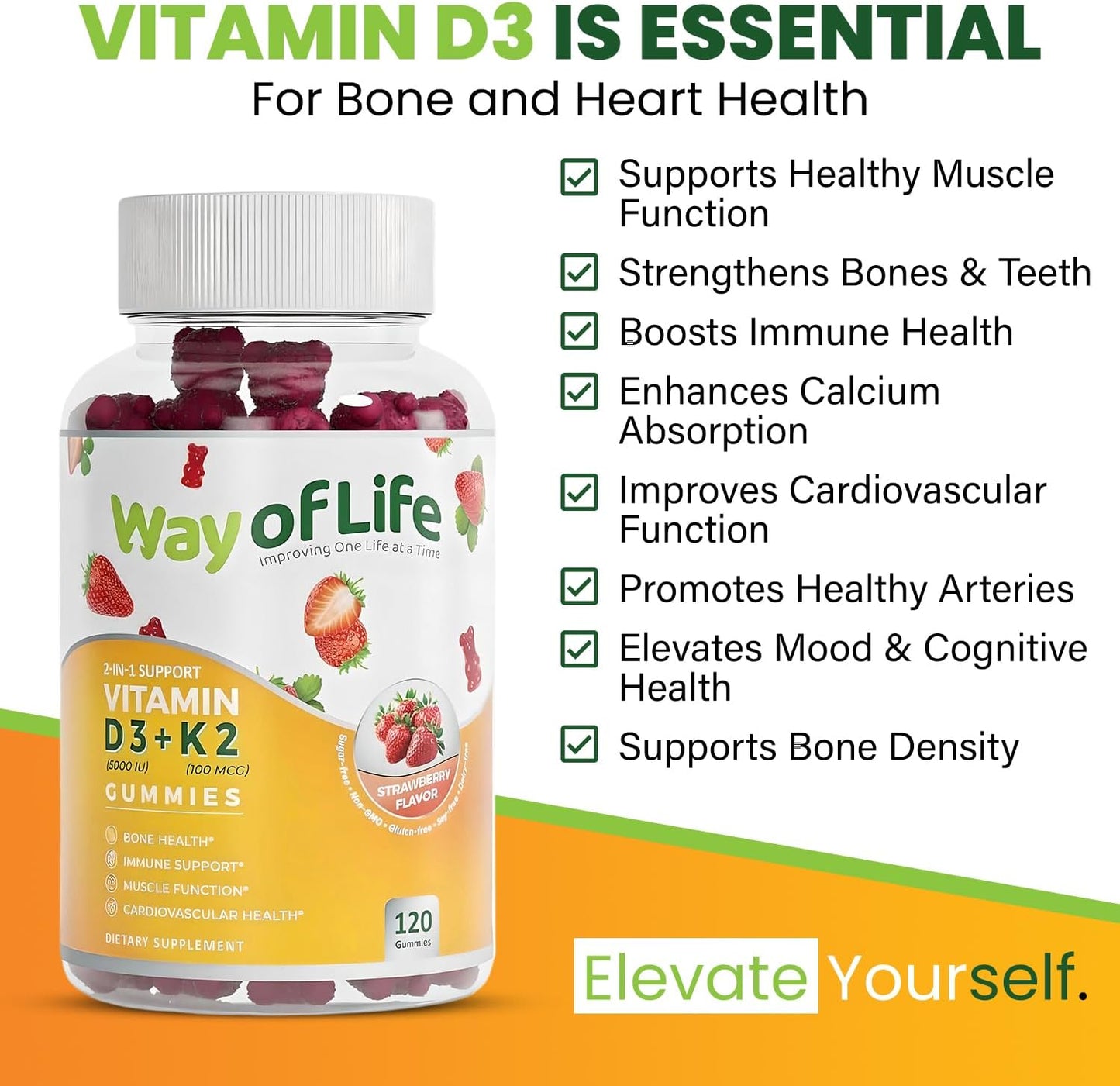 Vitamin D3 5000 IU + K2 (MK-7) 100 mcg Strawberry Gummies 120 Count - Bone & Heart Health for Adults, Muscle Function, Pectin, Tasty, Chewy, Non-GMO, Gluten-Free - BoostGo Australia