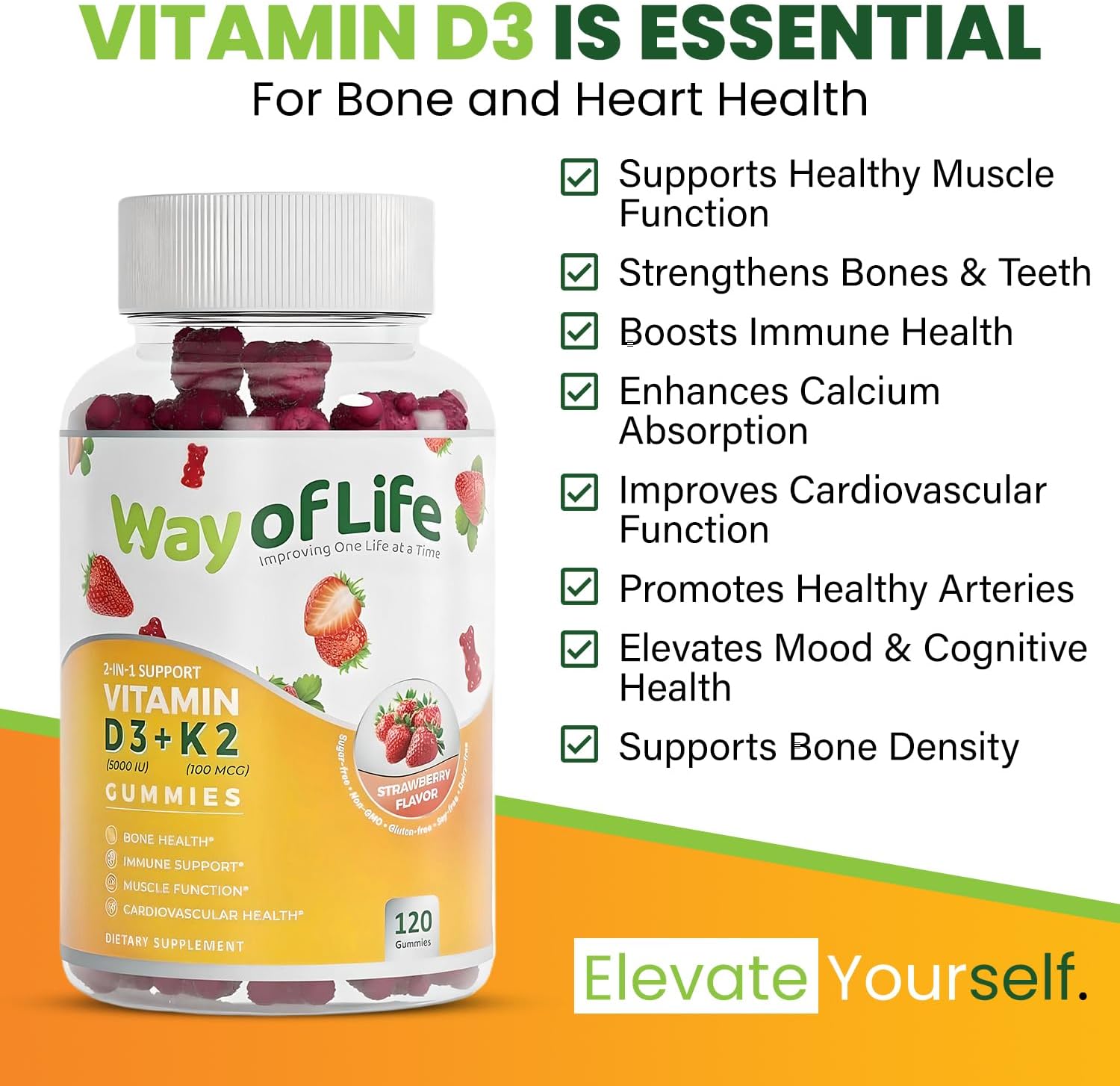 Vitamin D3 5000 IU + K2 (MK-7) 100 mcg Strawberry Gummies 120 Count - Bone & Heart Health for Adults, Muscle Function, Pectin, Tasty, Chewy, Non-GMO, Gluten-Free - BoostGo Australia