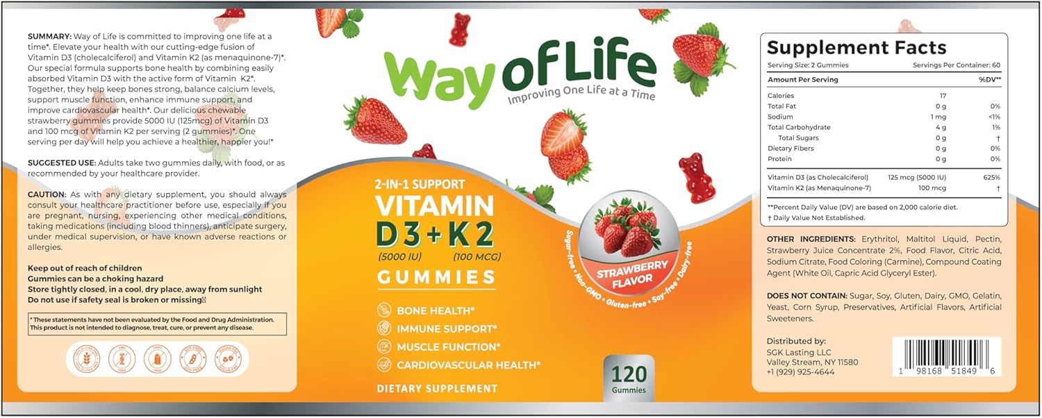 Vitamin D3 5000 IU + K2 (MK-7) 100 mcg Strawberry Gummies 120 Count - Bone & Heart Health for Adults, Muscle Function, Pectin, Tasty, Chewy, Non-GMO, Gluten-Free - BoostGo Australia