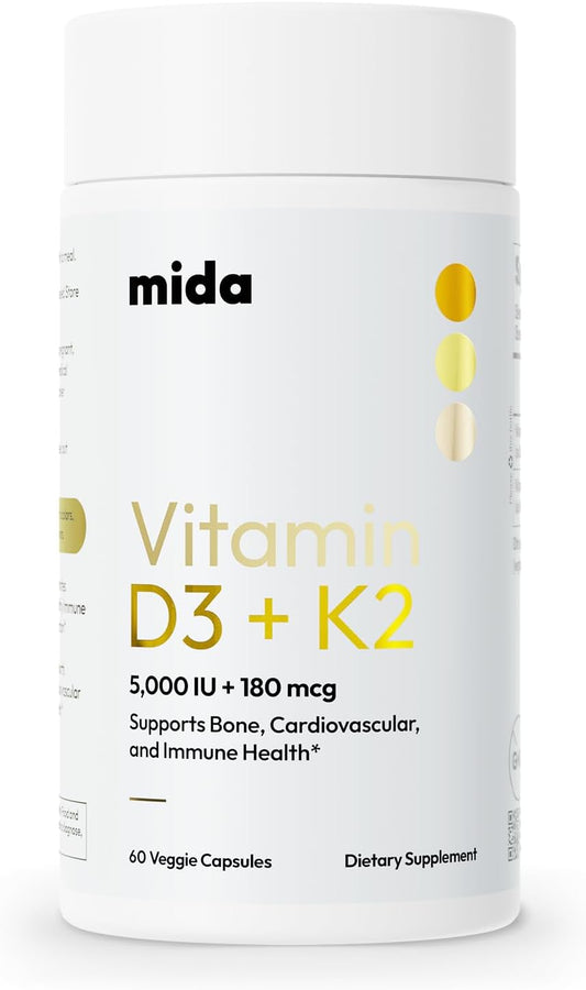 Vitamin D3 5,000 IU + K2 MK-7 Supplement for Bone, Heart & Immune Support - 60 Servings