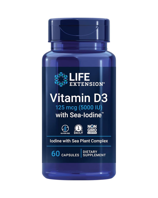 Vitamin D3 5000 IU with Sea-Iodine Capsules for Bone, Brain & Thyroid Support - Gluten-Free, Non-GMO - 60 Count