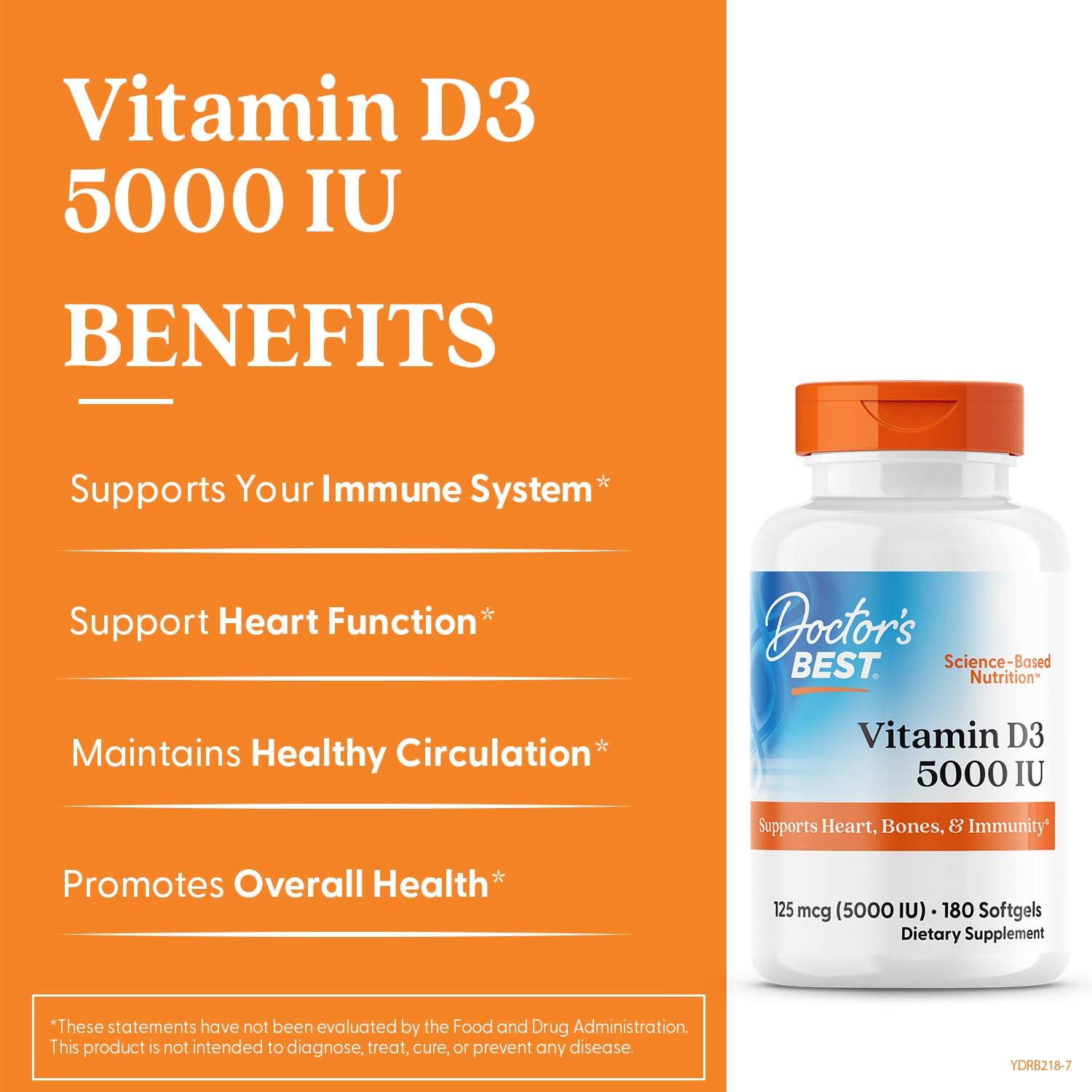 Vitamin D3 5000IU Capsules for Immune Support and Bone Health - 180 Count, Non-GMO, Gluten & Soy Free