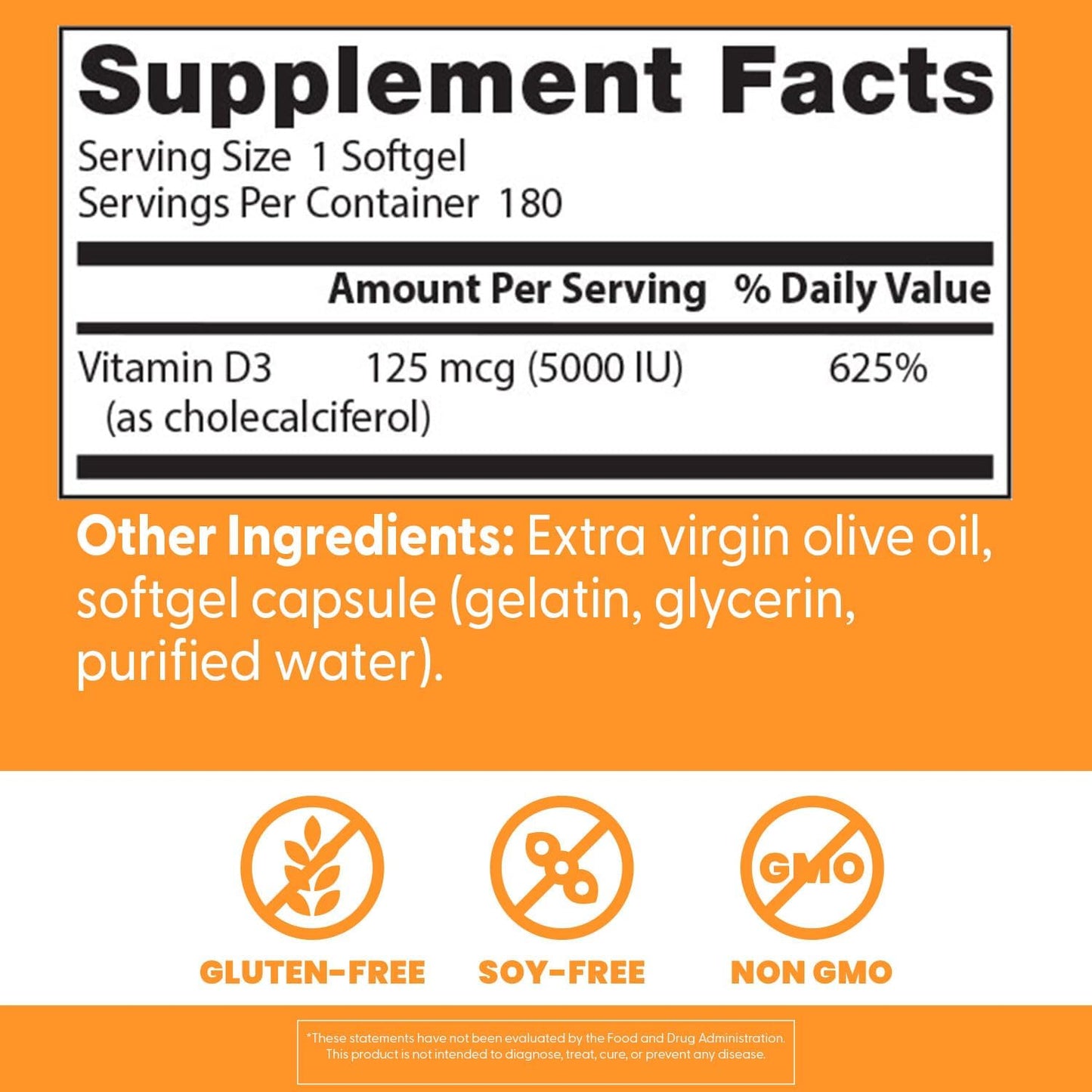 Vitamin D3 5000IU Capsules for Immune Support and Bone Health - 180 Count, Non-GMO, Gluten & Soy Free