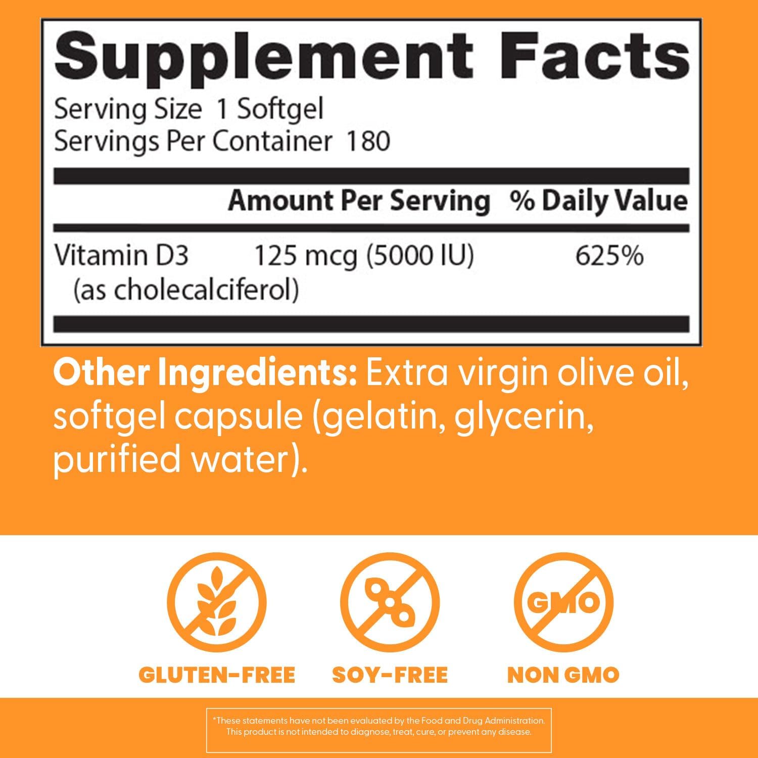 Vitamin D3 5000IU Capsules for Immune Support and Bone Health - 180 Count, Non-GMO, Gluten & Soy Free