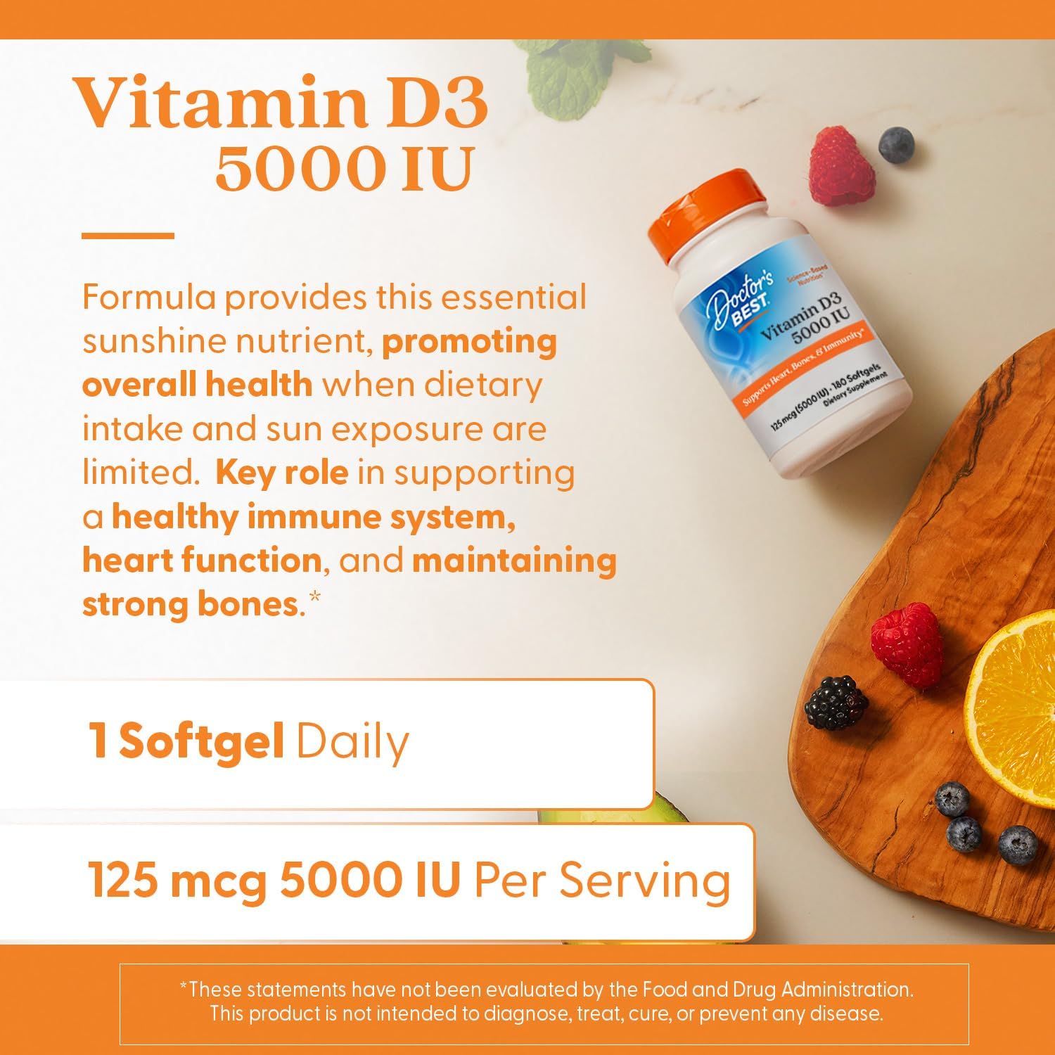 Vitamin D3 5000IU Capsules for Immune Support and Bone Health - 180 Count, Non-GMO, Gluten & Soy Free