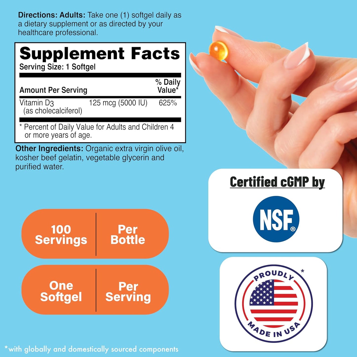Vitamin D3 5,000iu Softgels for Immune Health | 125mcg Cholecalciferol | Non-GMO Organic EVOO