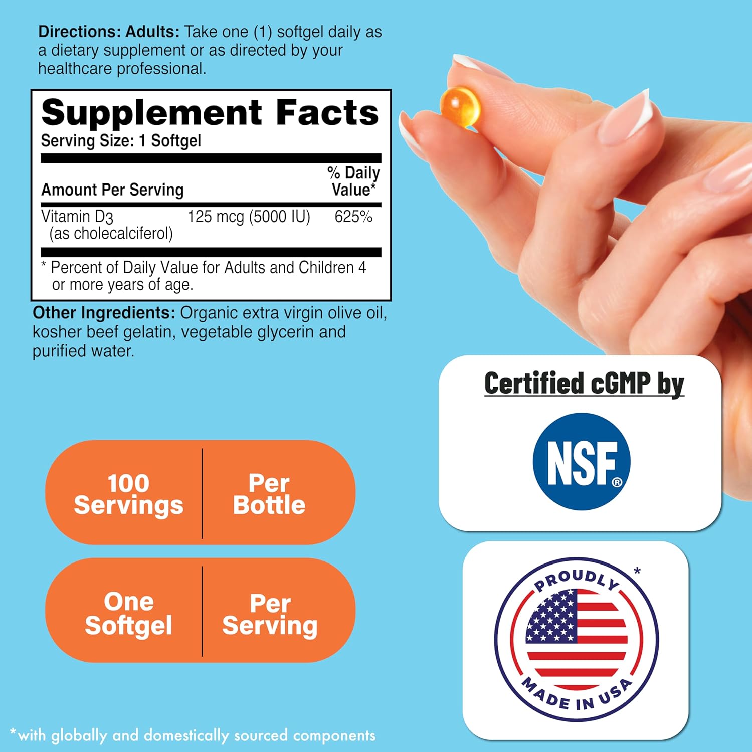 Vitamin D3 5,000iu Softgels for Immune Health | 125mcg Cholecalciferol | Non-GMO Organic EVOO