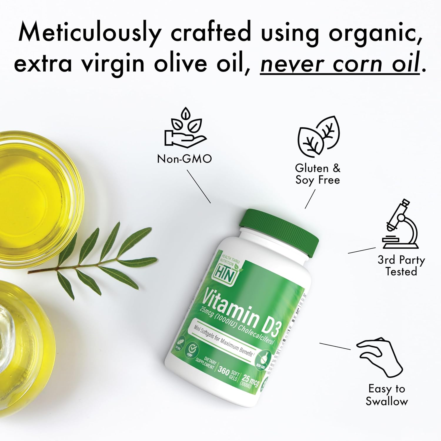 Vitamin D3 5,000iu Softgels for Immune Health | 125mcg Cholecalciferol | Non-GMO Organic EVOO