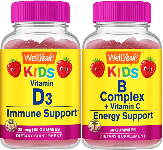 Vitamin D3 and B Complex Gummies Bundle for Kids - Gluten Free, GMO Free, Chewable, Delicious Flavors