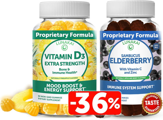 Vitamin D3 and Elderberry Gummies Bundle for Immunity, Bone, and Mood Support - Non-GMO, All Natural Gummy for Adults & Kids